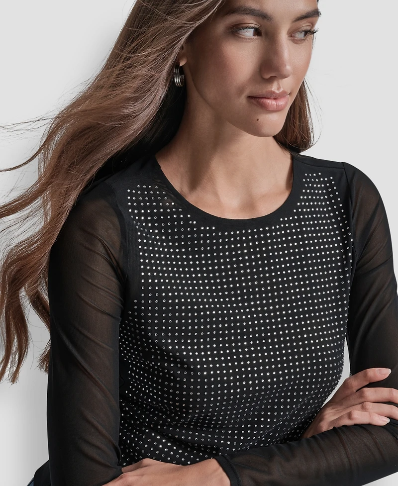 Dkny Jeans Women's Dome Studs Mesh Long Sleeves Slim Fit Top
