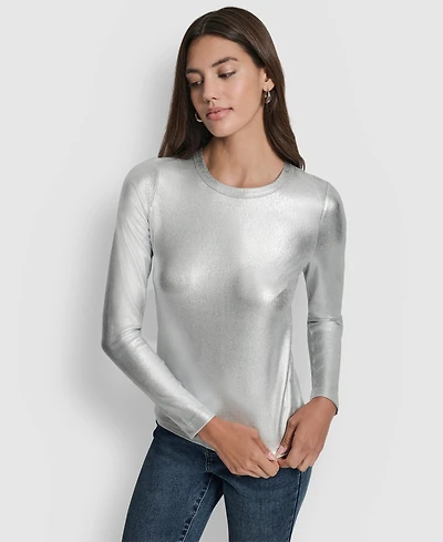 Dkny Jeans Women's Foil Rib Crewneck Long Sleeves Top