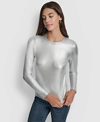 Dkny Jeans Women's Foil Rib Crewneck Long Sleeves Top