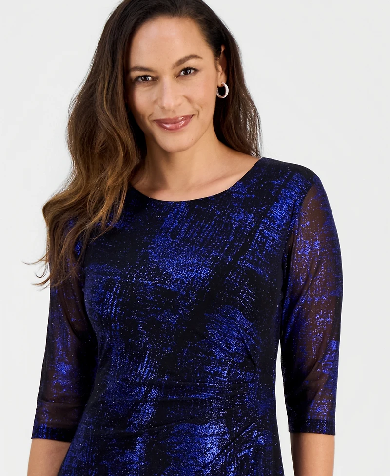 Connected Petite Sparkle Mesh 3/4-Sleeve Sheath Dress