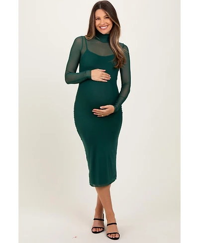 Pinkblush Maternity Forest Green Mesh Overlay Fitted Midi Dress