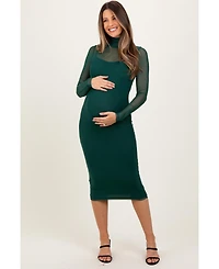 Pinkblush Maternity Forest Green Mesh Overlay Fitted Midi Dress