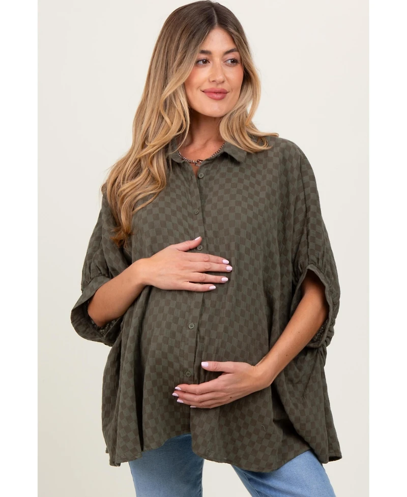 Pinkblush Maternity Olive Checker Print Short Sleeve Oversized Blouse