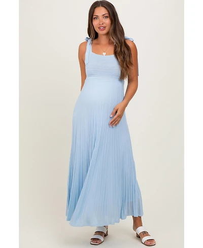 Pinkblush Light Blue Textured Knit Shoulder Tie Maternity Midi Dress