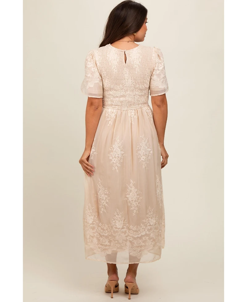 Pinkblush Cream Embroidered Smocked Maternity Midi Dress