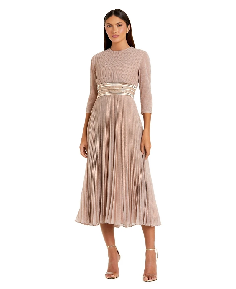 Mac Duggal Women's Shimmering 3/4 Sleeve A-Line Midi Dress