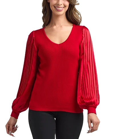 Bcx Women's V-Neck Pleated Sleeve Pull-On Sweater