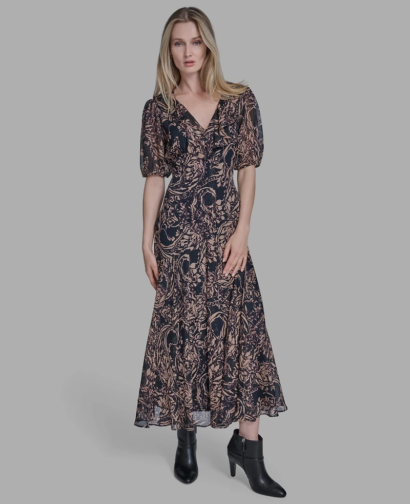 Bcbg Women's Chiffon Puff Sleeve Open-Back Midi Dress