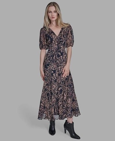 Bcbg Women's Chiffon Puff Sleeve Open-Back Midi Dress