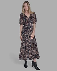 Bcbg Women's Chiffon Puff Sleeve Open-Back Midi Dress
