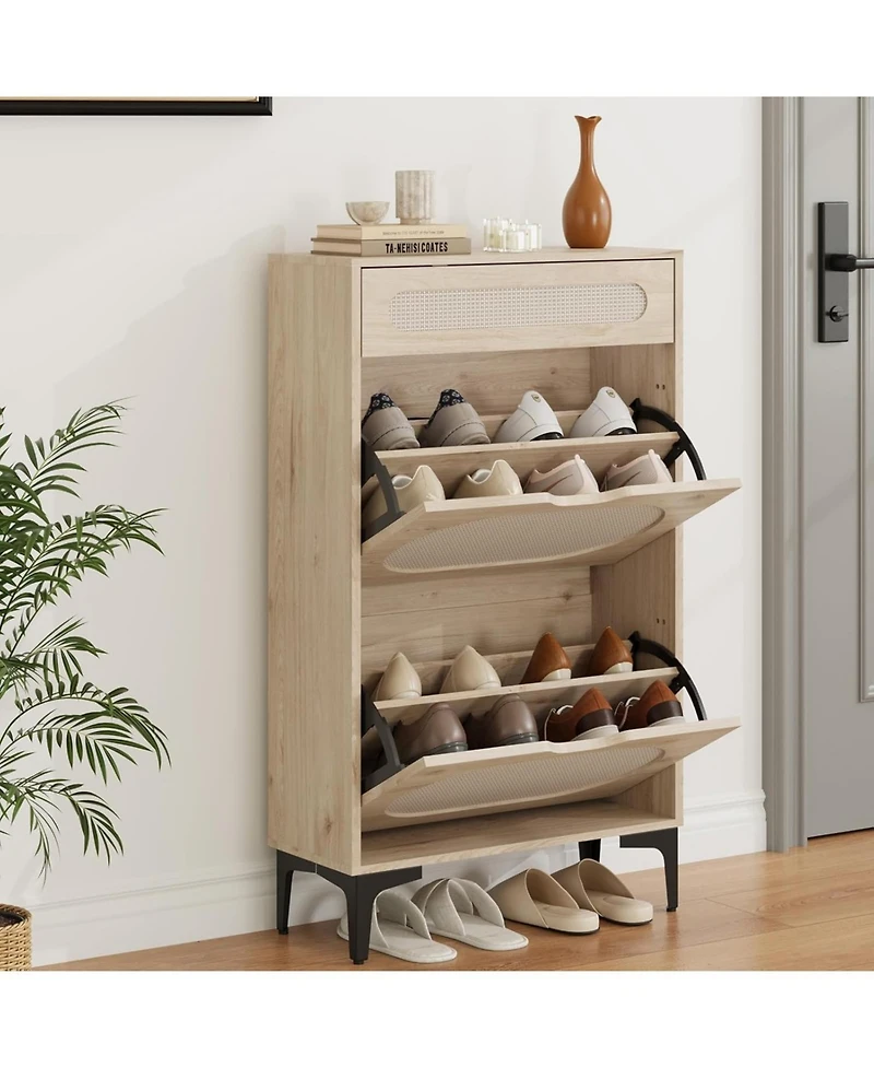 Rattan Shoe Cabinet with 2 Flip Drawers and 1 Pull-Out Drawer, 3-Position Adjustable Shelf, Narrow Shoe Cabinet for Entryway/Porch, Oak