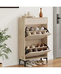 Rattan Shoe Cabinet with 2 Flip Drawers and 1 Pull-Out Drawer, 3-Position Adjustable Shelf, Narrow Shoe Cabinet for Entryway/Porch, Oak