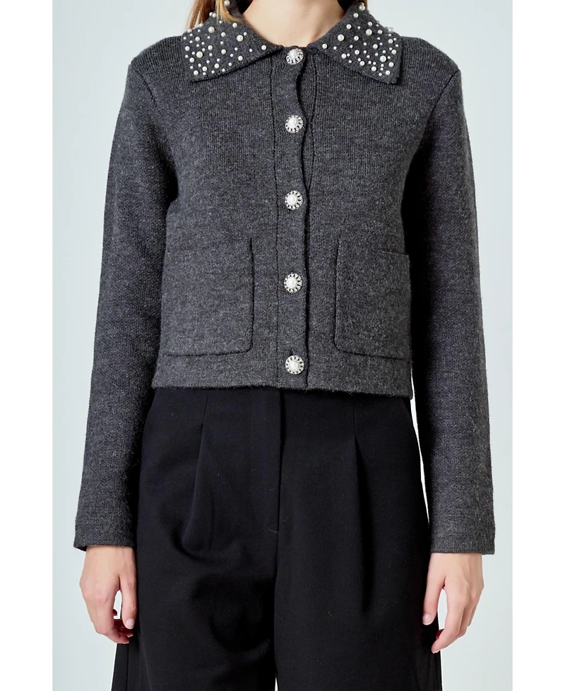Endless Rose Women's Pearl Embellished Collar Cardigan