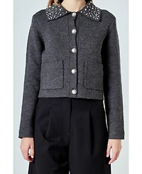 Endless Rose Women's Pearl Embellished Collar Cardigan