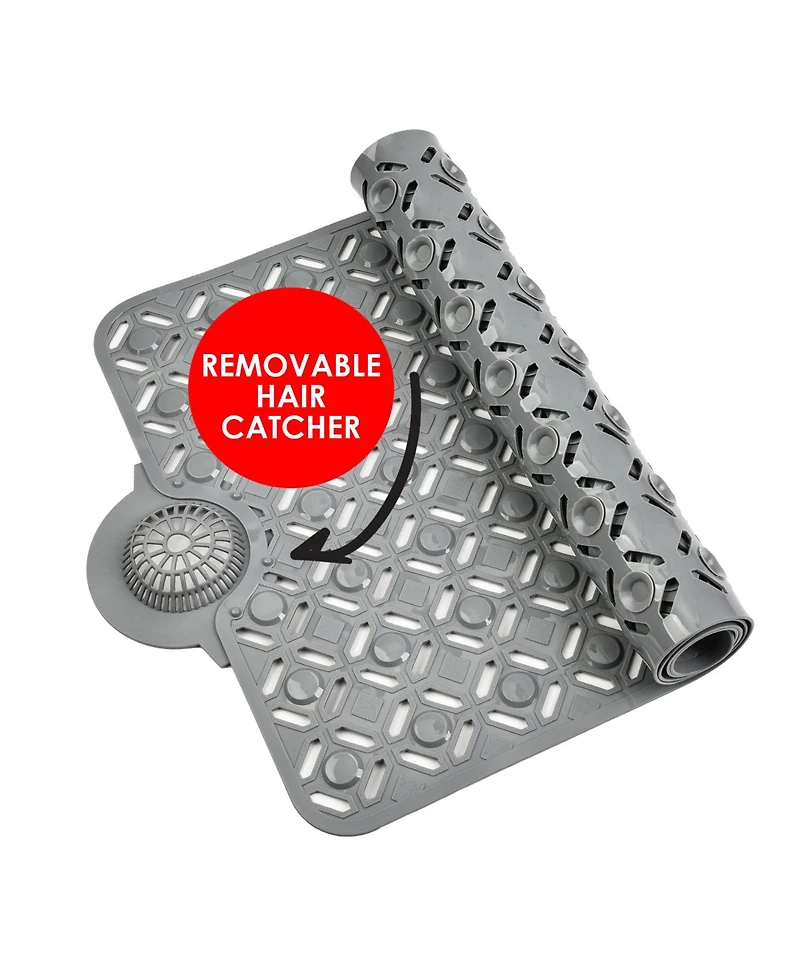 Cameo Non-Slip Bathtub mat, w/Removable Hair Catcher, 35" x 15", Shower Mat with Suction Cups and Water Drain Holes, Bpa, LaTeX, Phthalate F