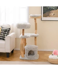 Gymax 49'' Tall Wooden Cat Tree Solid Wood Cat Tower w/ Jute Scratching Posts