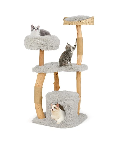 Gymax 49'' Tall Wooden Cat Tree Solid Wood Cat Tower w/ Jute Scratching Posts