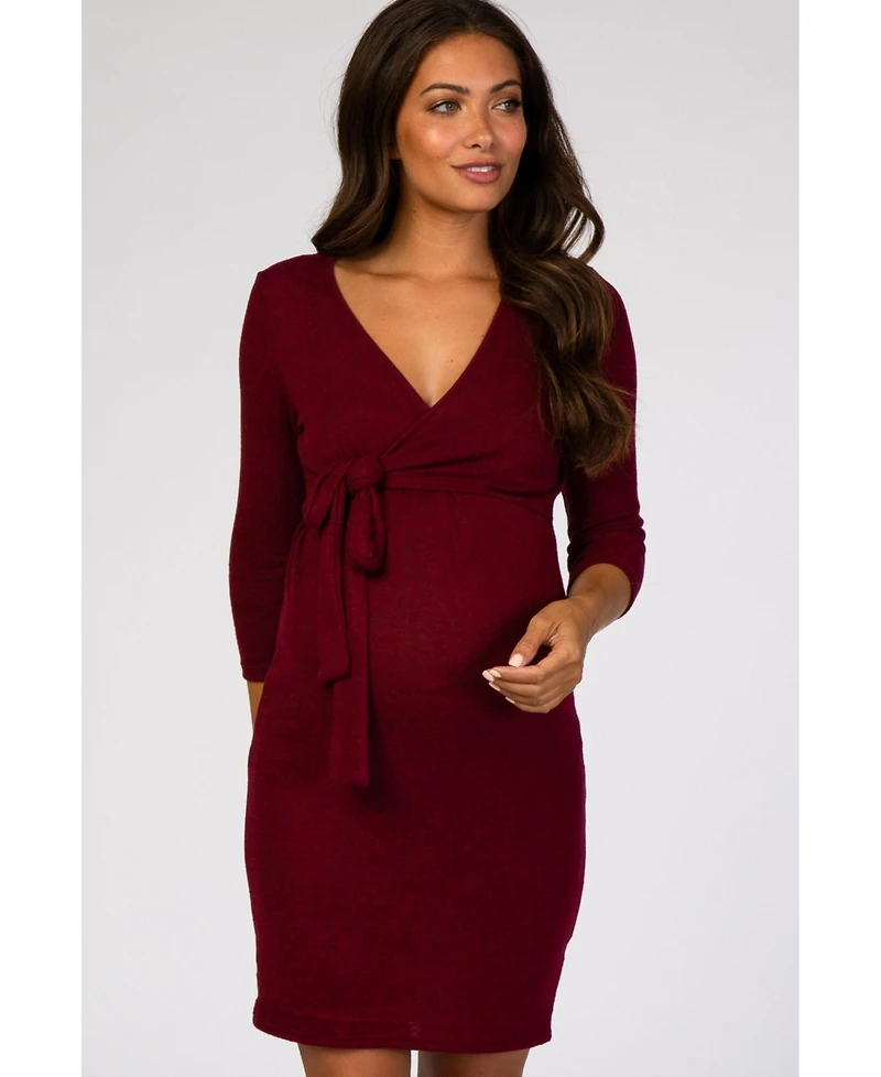 Pinkblush Maternity Burgundy Brushed Knit Wrap Fitted Maternity/Nursing Dress