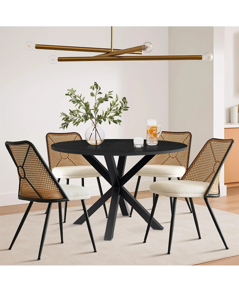 5-Piece 39.4" Round Black Dining Table Set with Starburst Base and 4 Faux Rattan Back Chairs in Mid-Century Modern Style-Maison Boucle
