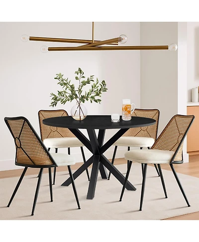 5-Piece 39.4" Round Black Dining Table Set with Starburst Base and 4 Faux Rattan Back Chairs in Mid-Century Modern Style-Maison Boucle