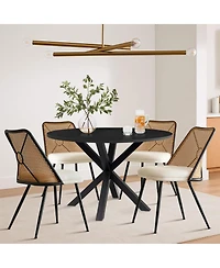 5-Piece 39.4" Round Black Dining Table Set with Starburst Base and 4 Faux Rattan Back Chairs in Mid-Century Modern Style-Maison Boucle