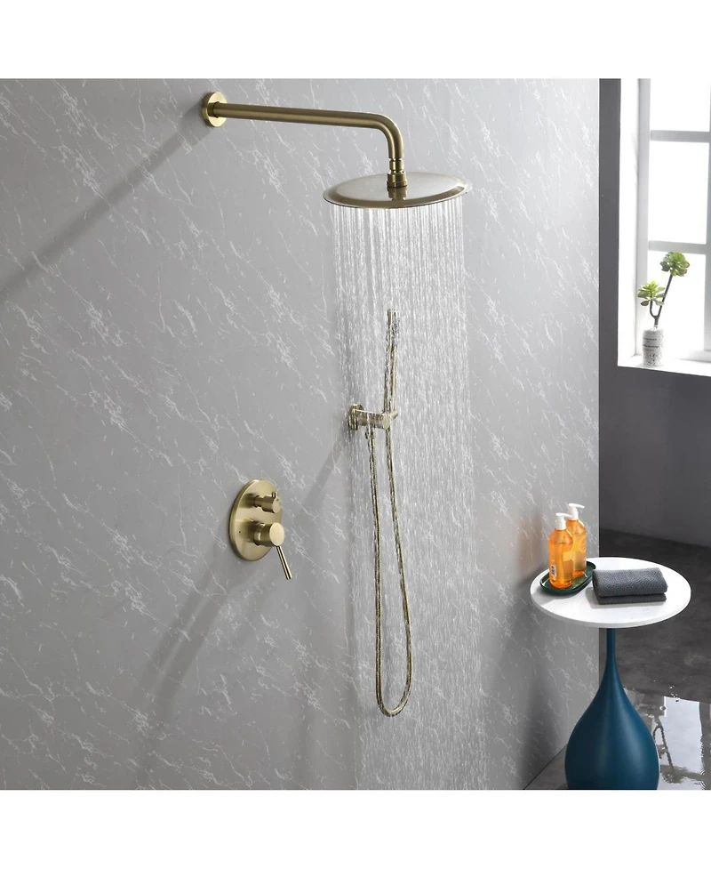 Rainsken Wall Mounted Shower Faucet Set for Bathroom with High Pressure 10" Stainless Steel Rain Shower head Handheld Shower Set, Brushed Gold