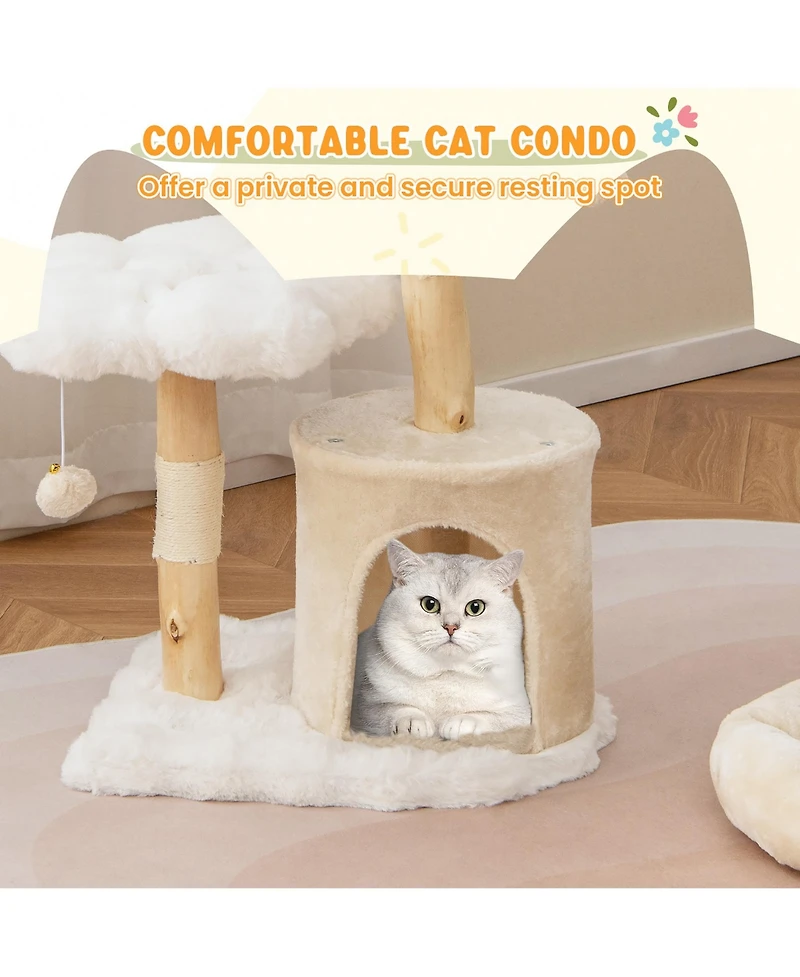 Gymax Cute Solid Wood Cat Tree Natural Branch Modern Flower Cat Tower w/Soft Long