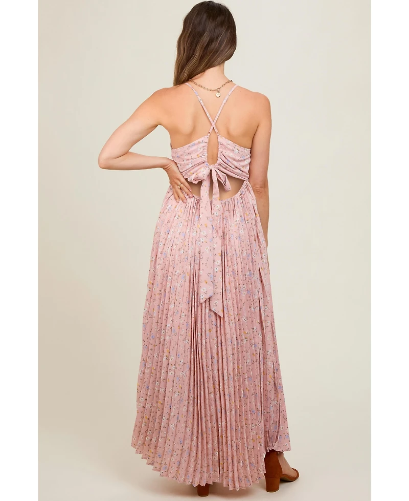 Pinkblush Maternity Light Pink Floral Pleated Back Cutout Maxi Dress