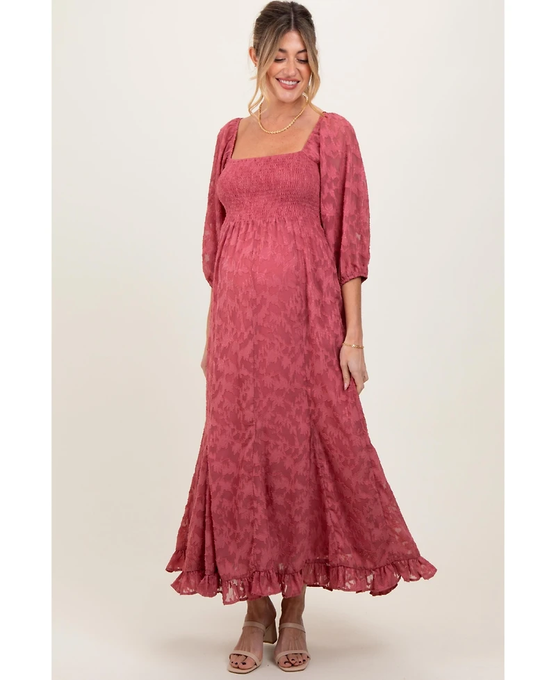 Pinkblush Maternity Mauve Textured Overlay Smocked Ruffled Hem Maxi Dress