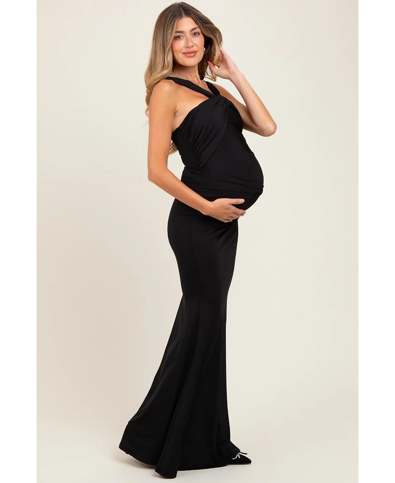 Pinkblush Maternity Black Twist Front Ruched Maxi Dress