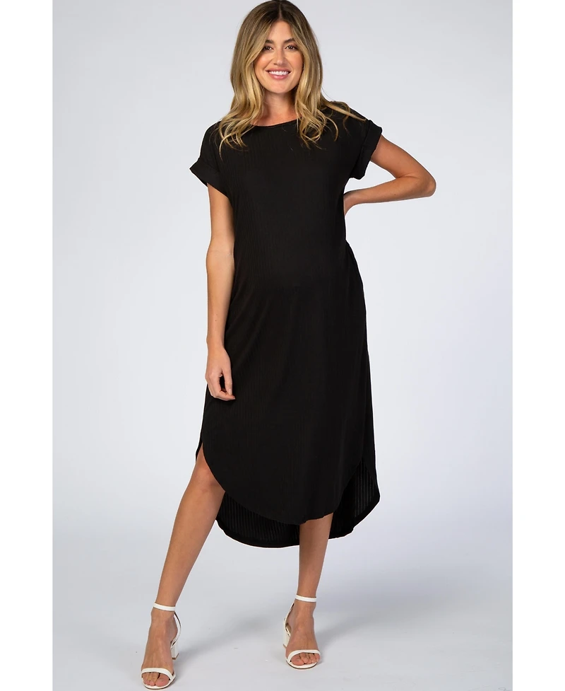 Pinkblush Maternity Black Ribbed Curved Hem Midi Dress