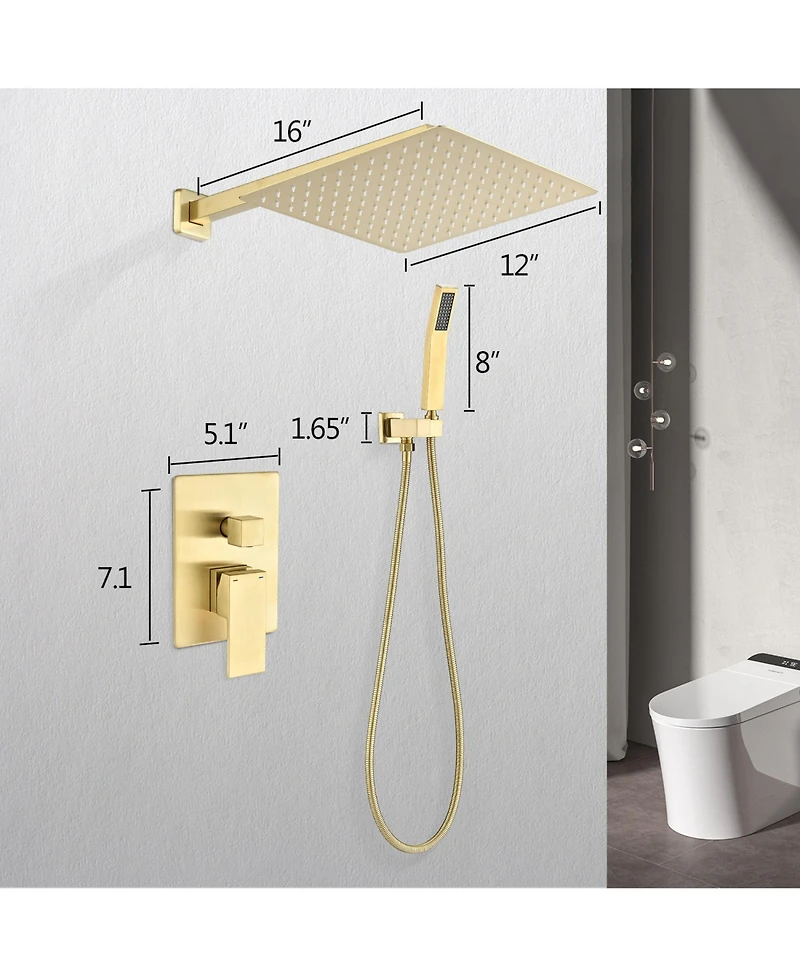 Rainsken 12" Rain Brushed Gold Shower Head Systems Wall Mounted Shower Full Body Coverage Square Shower Head