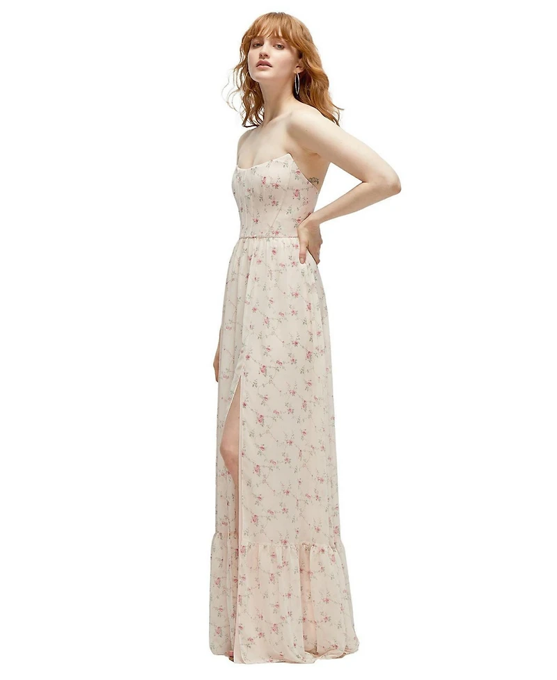 Dessy Collection Strapless Cat-Eye Corset Maxi Dress with Ruffle Hem A-Line Skirt