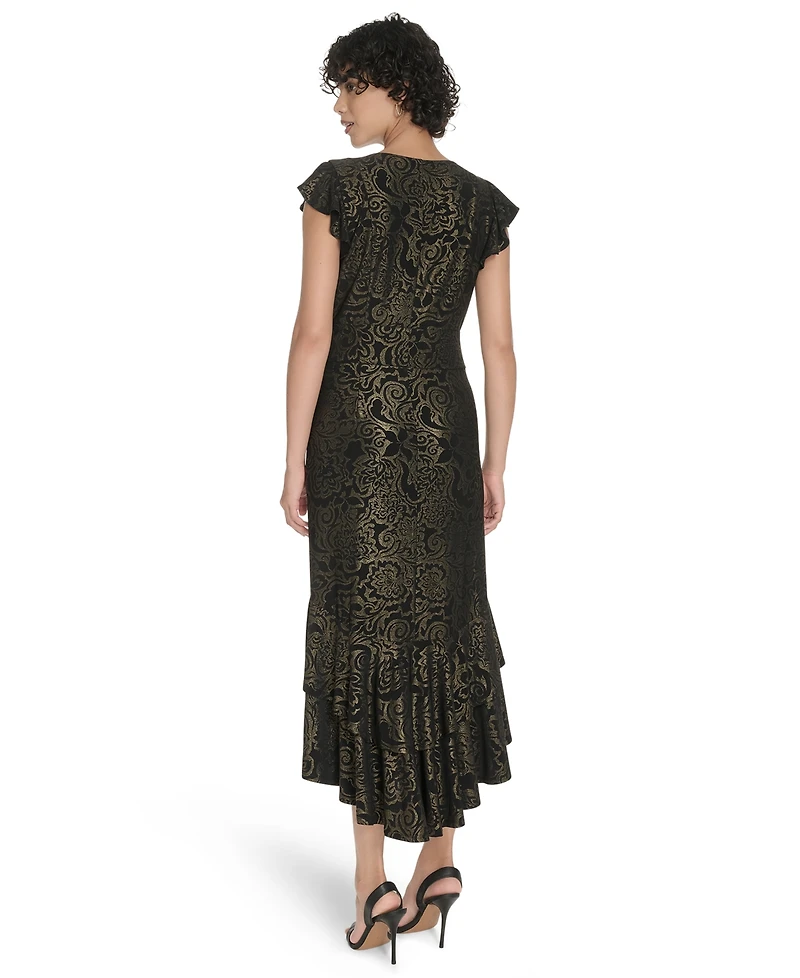 Tommy Hilfiger Women's V-Neck Tiered Hem Foil Midi Dress