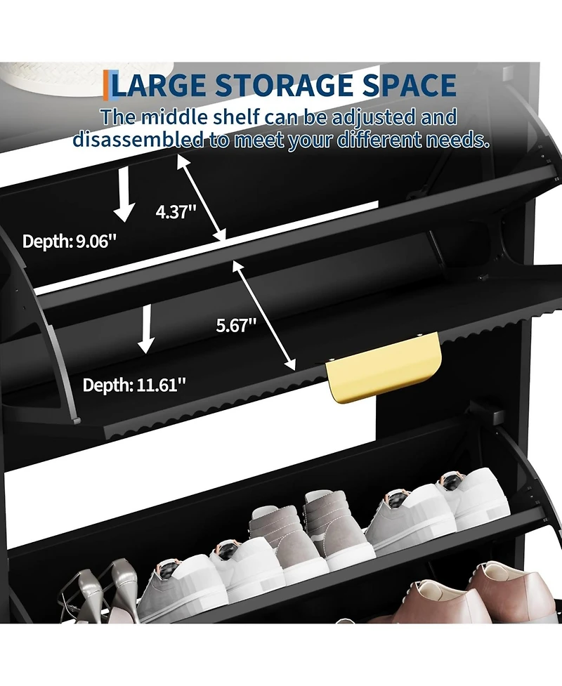 Narrow Shoe Cabinet Storage for Entryway, Modern Fluted Shoe Rack Organizer with 2 Flip Drawers and an Open Shelf for Hallway, Living Room, Black