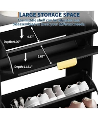 Narrow Shoe Cabinet Storage for Entryway, Modern Fluted Shoe Rack Organizer with 2 Flip Drawers and an Open Shelf for Hallway, Living Room, Black