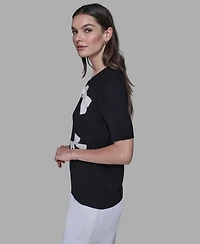Karl Lagerfeld Paris Women's Short Sleeve Bow Applique Detail Sweater