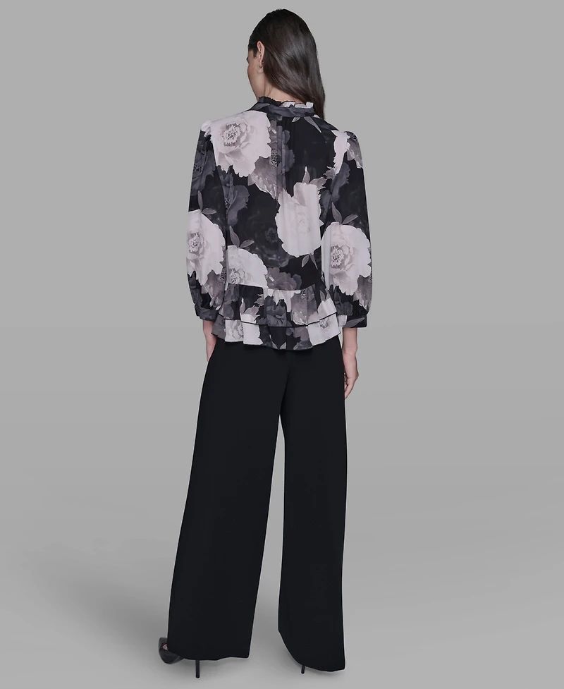 Karl Lagerfeld Paris Women's V-Neck Floral Print Ruffle Detail Top