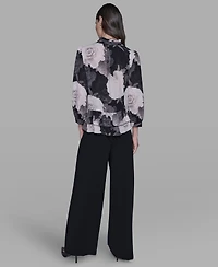 Karl Lagerfeld Paris Women's V-Neck Floral Print Ruffle Detail Top