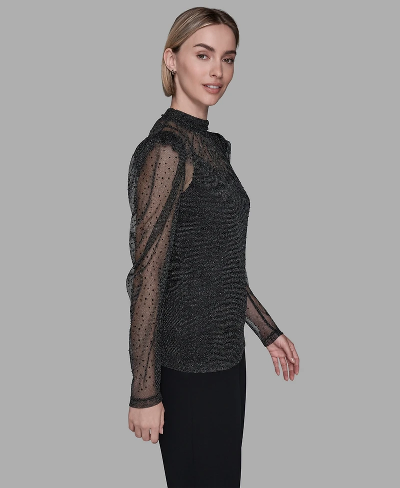 Karl Lagerfeld Paris Women's Metallic Mesh High Neck Top