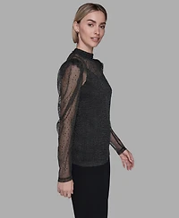 Karl Lagerfeld Paris Women's Metallic Mesh High Neck Top