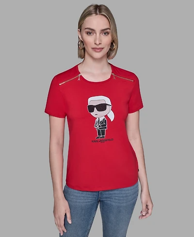 Karl Lagerfeld Paris Women's Crewneck Embellished Zip Shoulder T-Shirt