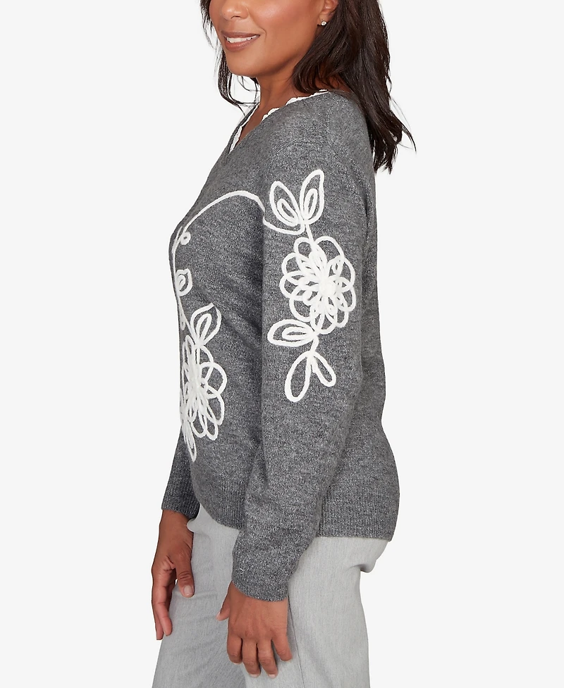 Alfred Dunner Stockbridge Ruffle V-Neck Floral Soutache Sweater