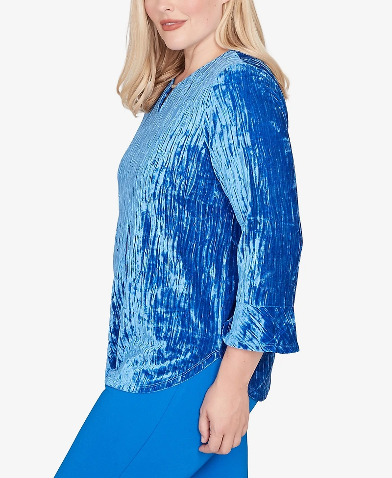 Alfred Dunner Barcelona Crushed Velvet Keyhole Bell Sleeve Top