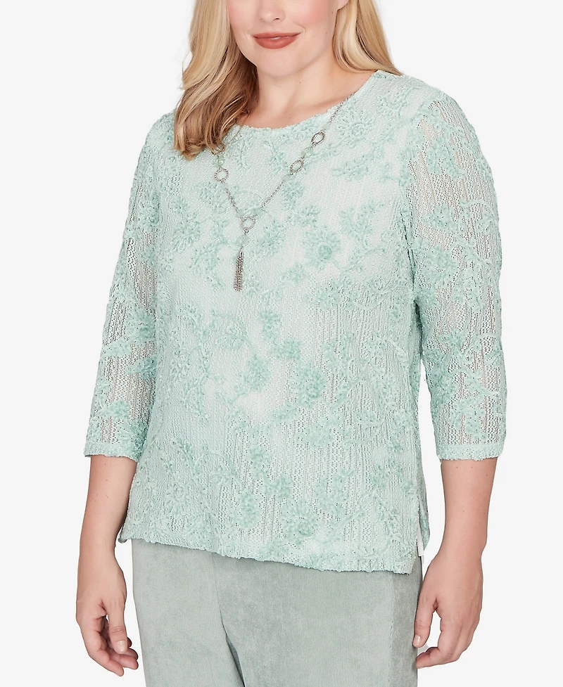 Alfred Dunner Stockbridge Floral Velvet Soutache Mesh Top with Necklace