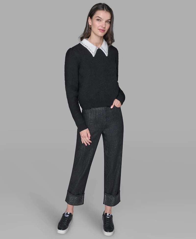 Karl Lagerfeld Paris Women's Contrast Collar Sweater