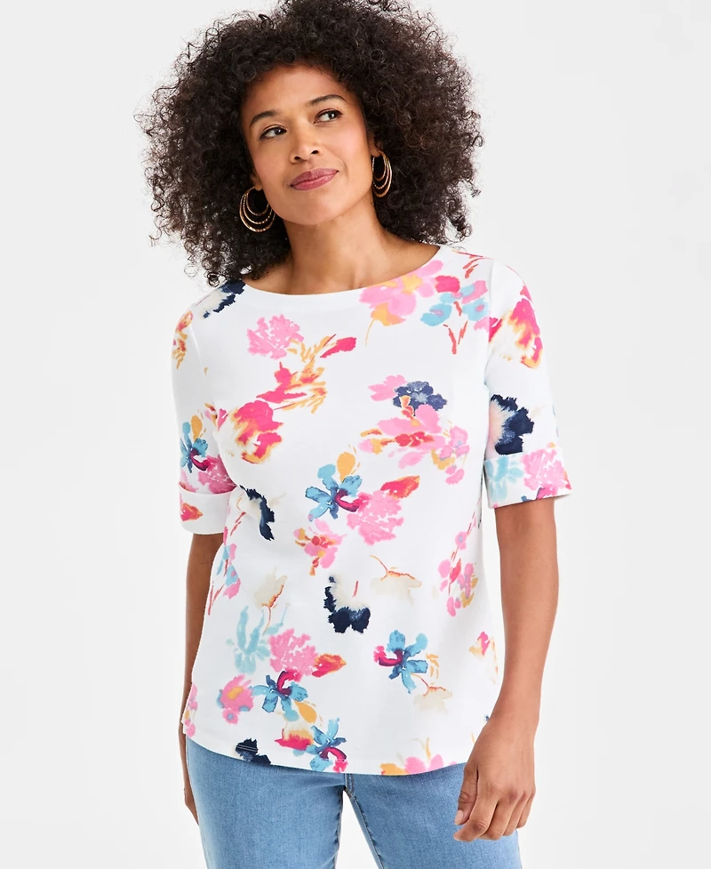 Style & Co Women's Boat-Neck Elbow Sleeve Cotton Top, Exclusively at Macy's