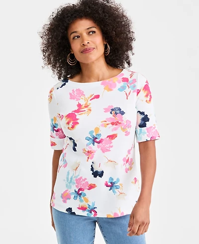 Style & Co Women's Boat-Neck Elbow Sleeve Cotton Top, Exclusively at Macy's