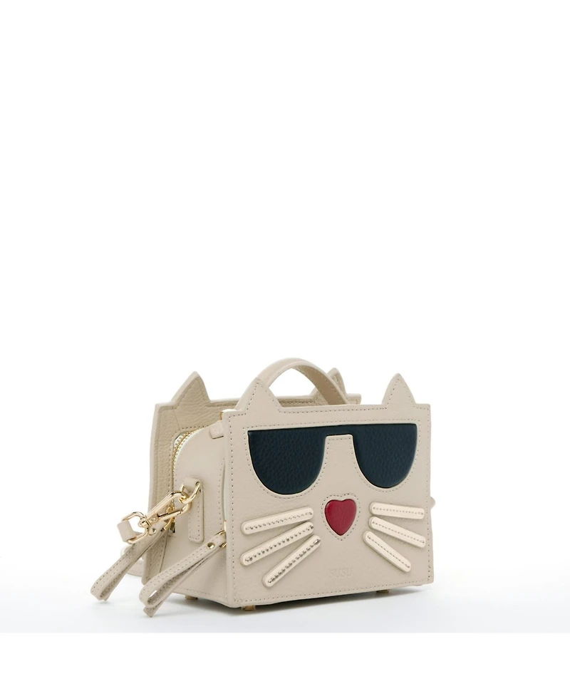 Pebble Leather Cat Crossbody Bag Cute Top Handle Purse Small Shoulder Handbag for Women & Girls with Gold Hardware and Detachable Strap