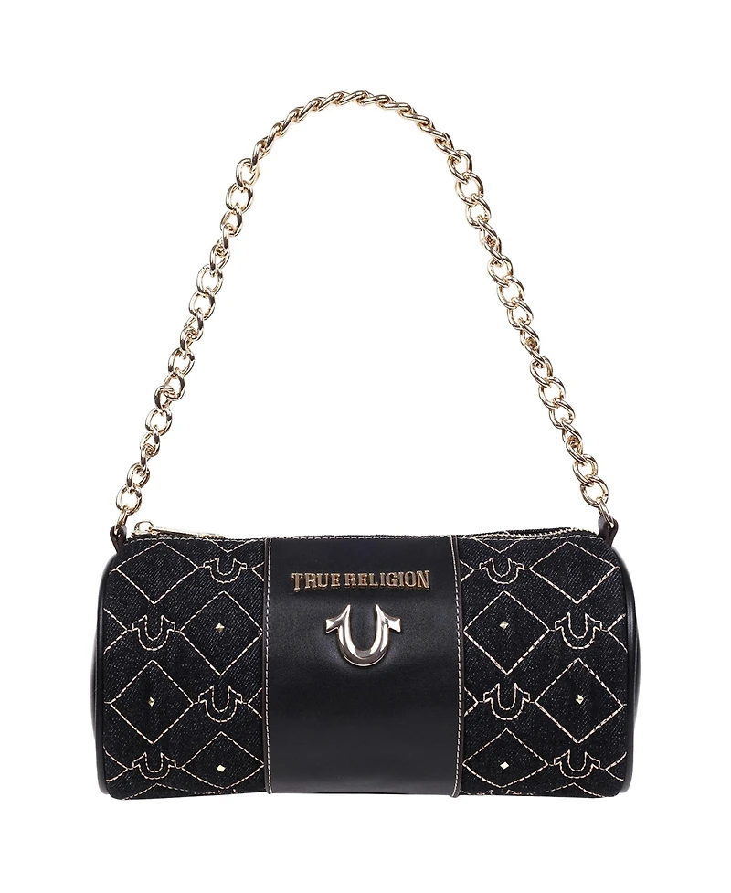 True Religion Studded Denim Zip Top Barrel Bag